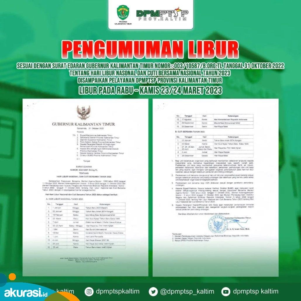 Mengacu Pada SE Gubernur: DPMPTSP Kaltim Libur Dua Hari