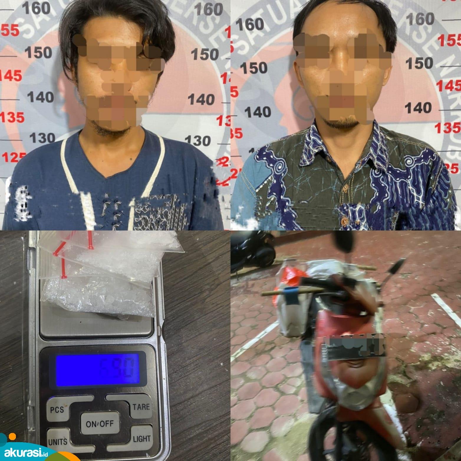 Pelaku MTN (25) dan MP (28) beserta barang bukti sabu seberat 6,90 gram, juga barang bukti lainnya yang diamankan di Polres Bontang. (Istimewa)