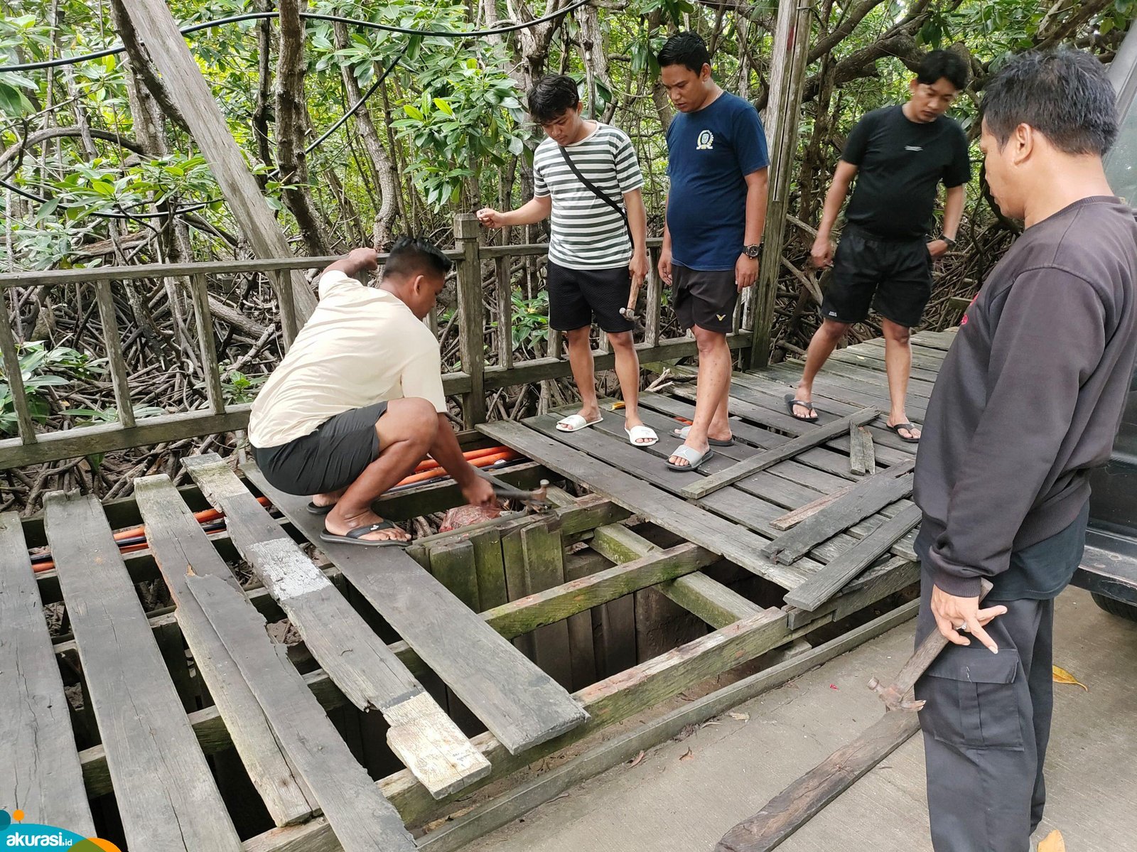 Puluhan pemuda Bontang Kuala bahu membahu memperbaiki lubang yang ada pada trotoar menggunakan dana pribadi. (Dwi kurniawan/akurasi.id)