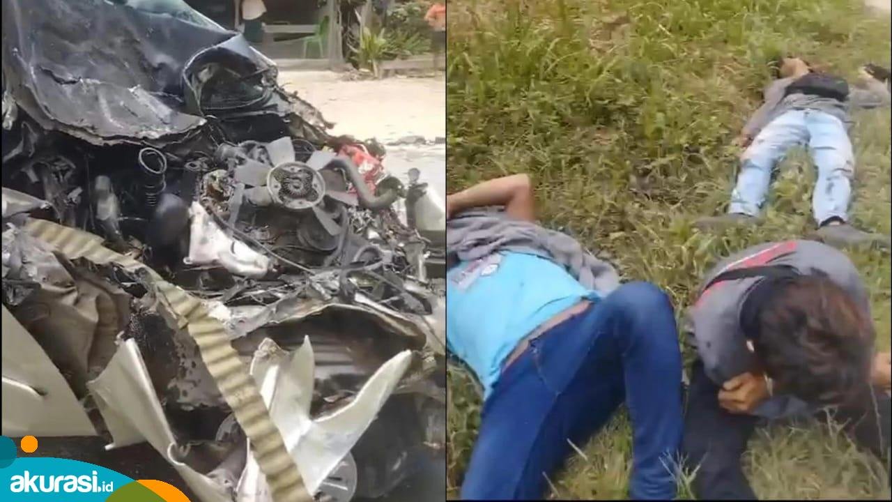 Innova hantam truk Fuso di jalan poros Bontang-Samarinda. Bagian depan mobil mengalami rusak parah, penumpang pun tampak kesakitan. (Istimewa)