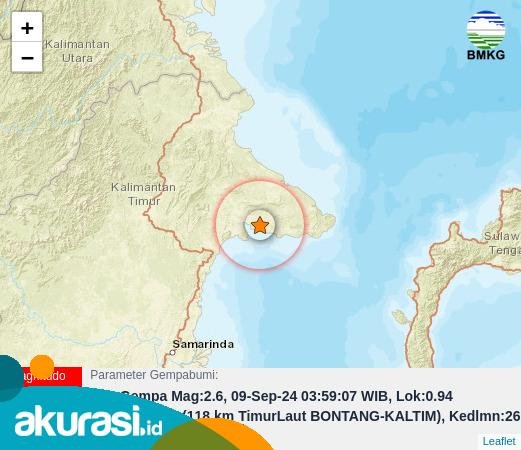 Titik lokasi Gempa di Timur Laut Bontang dengan kekuatan skala 2.6 magnitudo, pukul 04.59 dini hari, Senin (09/09/2024). ( doc.BMKG)