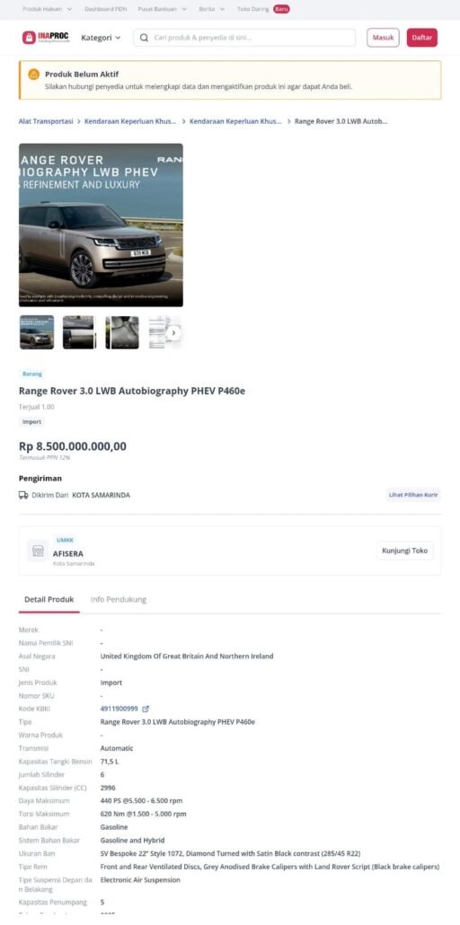 E-Katalog Pengadaan Range Rover Rp8,5 M dari CV Afisera Belum Aktif